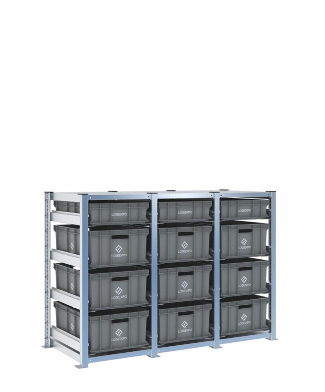 Scaffale H1000 a 3 campate con 12 contenitori Euro 600x400 di altezze 220h e 130h, vista prospettica