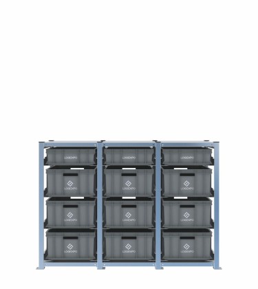 Scaffale H1000 a 3 campate con 12 contenitori Euro 600x400 di altezze 220h e 130h, vista prospettica 2