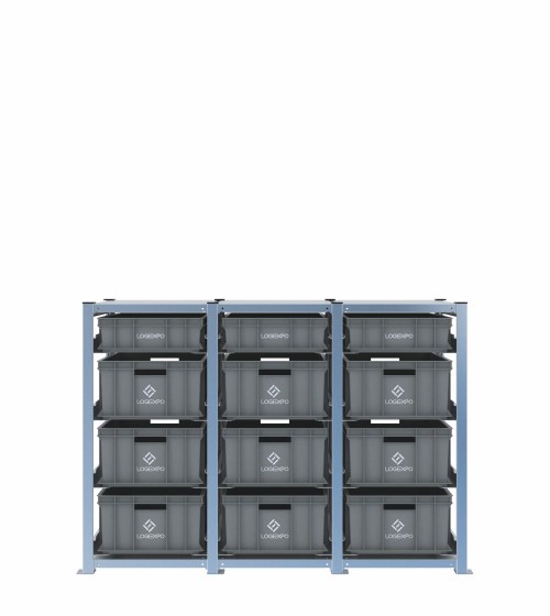 Scaffale H1000 a 3 campate con 12 contenitori Euro 600x400 di altezze 220h e 130h, vista frontale