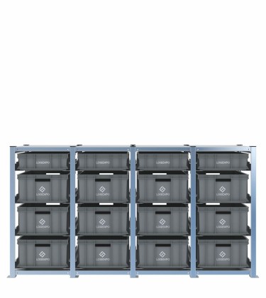 Scaffale H1000 a 4 campate con 16 contenitori Euro 600x400 di altezze 220h e 130h, vista prospettica 2