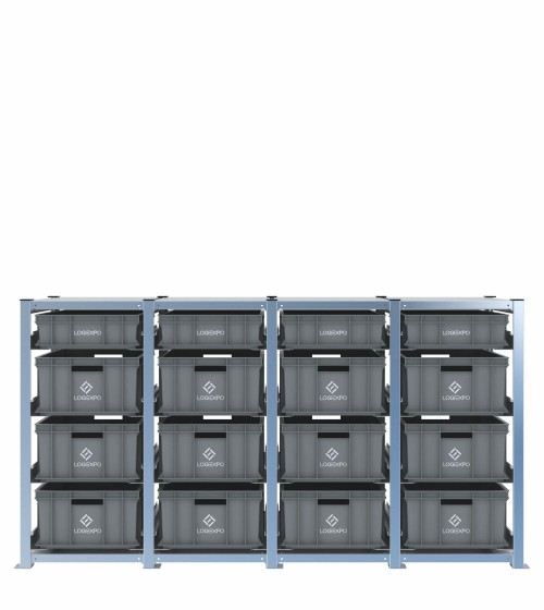 Scaffale H1000 a 4 campate con 16 contenitori Euro 600x400 di altezze 220h e 130h, vista frontale