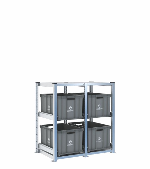 Scaffale H1000 a 2 campate con 4 contenitori Euro 600x400x320h, vista prospettica