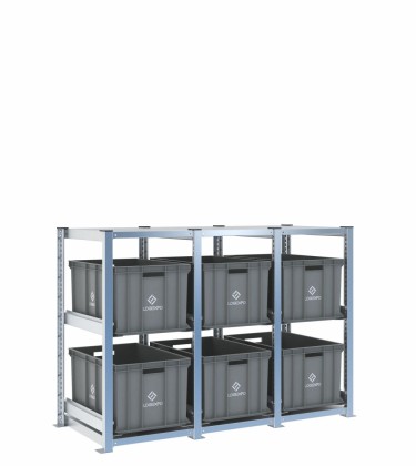 Scaffale H1000 a 3 campate con 6 contenitori Euro 600x400x320h, vista prospettica