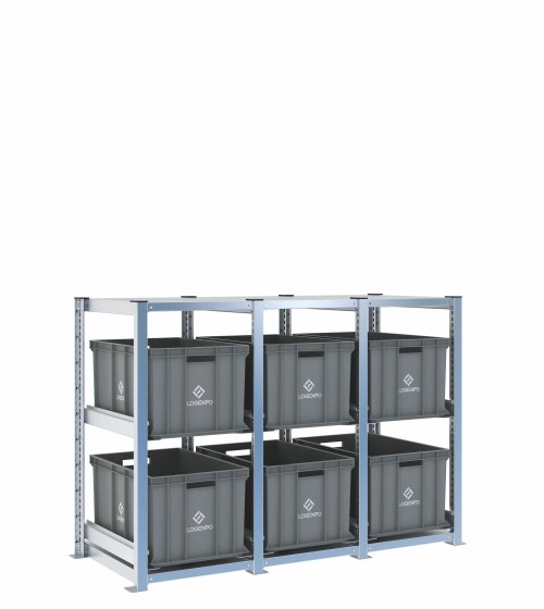 Scaffale H1000 a 3 campate con 6 contenitori Euro 600x400x320h, vista prospettica