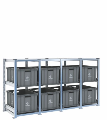 Scaffale H1000 a 4 campate con 8 contenitori Euro 600x400x320h, vista prospettica