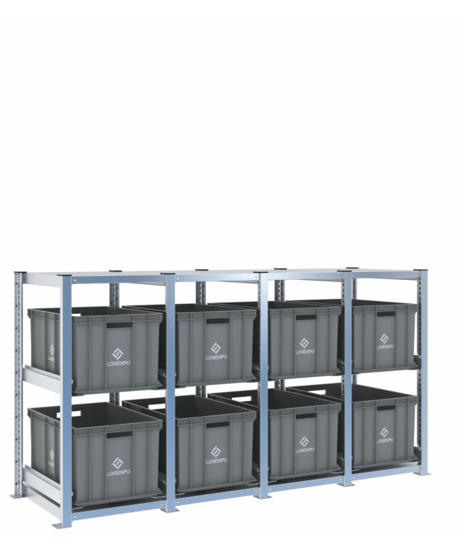 Scaffale H1000 a 4 campate con 8 contenitori Euro 600x400x320h, vista prospettica