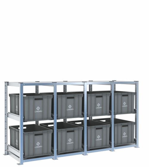 Scaffale H1000 a 4 campate con 8 contenitori Euro 600x400x320h, vista prospettica