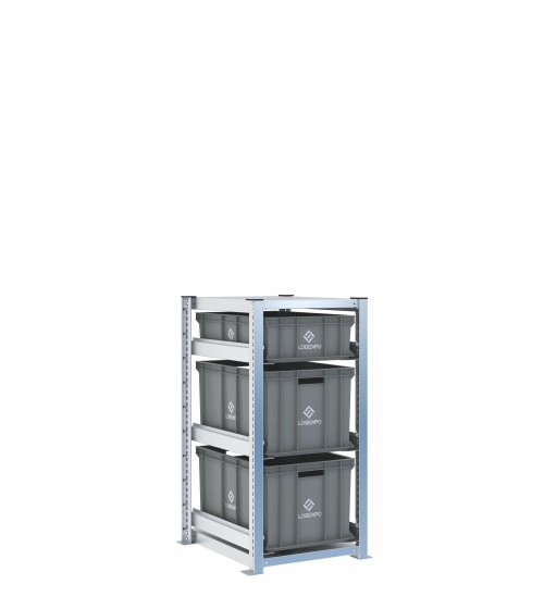 Scaffale H1000 a 1 campata con 3 contenitori Euro 600x400 di altezze 320h e 170h, vista prospettica