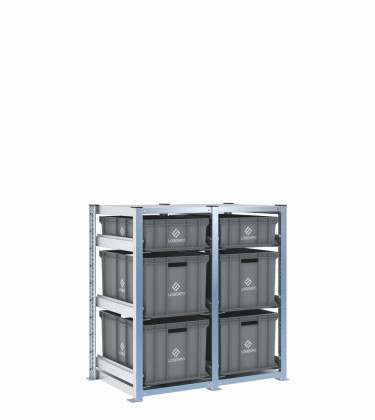 Scaffale H1000 a 2 campate con 6 contenitori Euro 600x400 di altezze 320h e 170h, vista prospettica