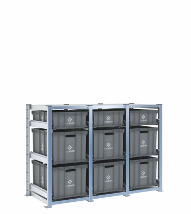 Scaffale H1000 a 3 campate con 9 contenitori Euro 600x400 di altezze 320h e 170h, vista prospettica
