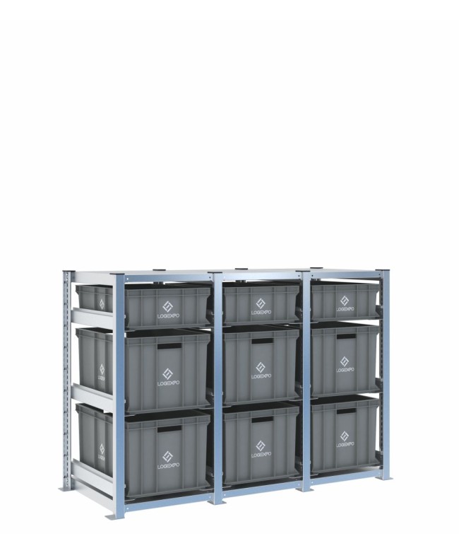 Scaffale H1000 a 3 campate con 9 contenitori Euro 600x400 di altezze 320h e 170h, vista prospettica