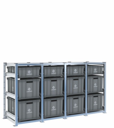 Scaffale H1000 a 4 campate con 12 contenitori Euro 600x400 di altezze 320h e 170h, vista prospettica