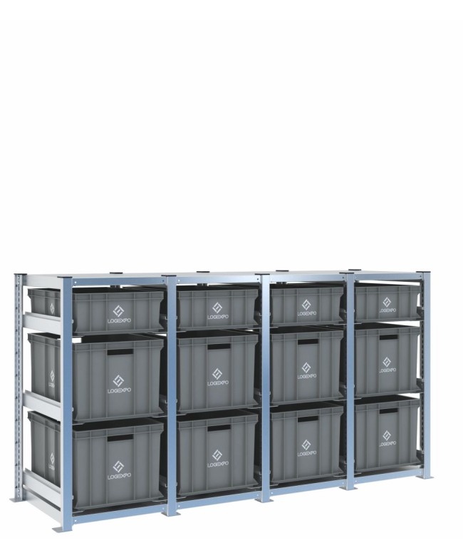 Scaffale H1000 a 4 campate con 12 contenitori Euro 600x400 di altezze 320h e 170h, vista prospettica