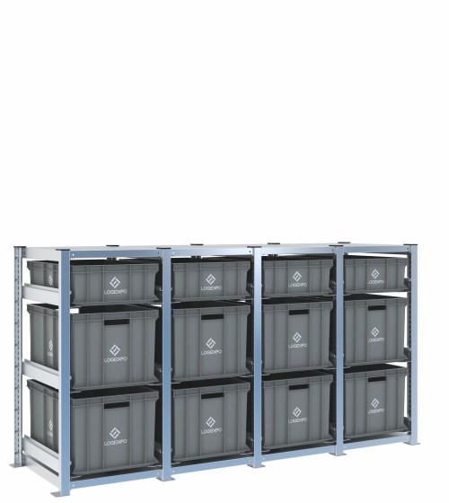 Scaffale H1000 a 4 campate con 12 contenitori Euro 600x400 di altezze 320h e 170h, vista prospettica