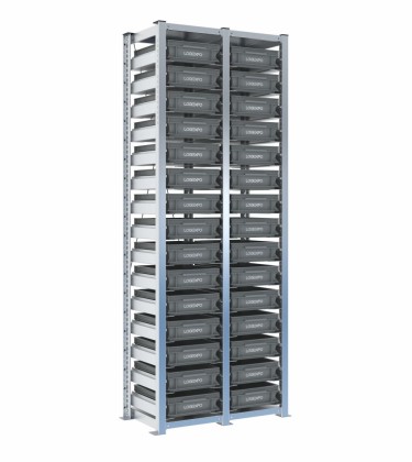 Scaffale H2000 a 2 campate con 30 contenitori Euro 400x300x100h, vista prospettica