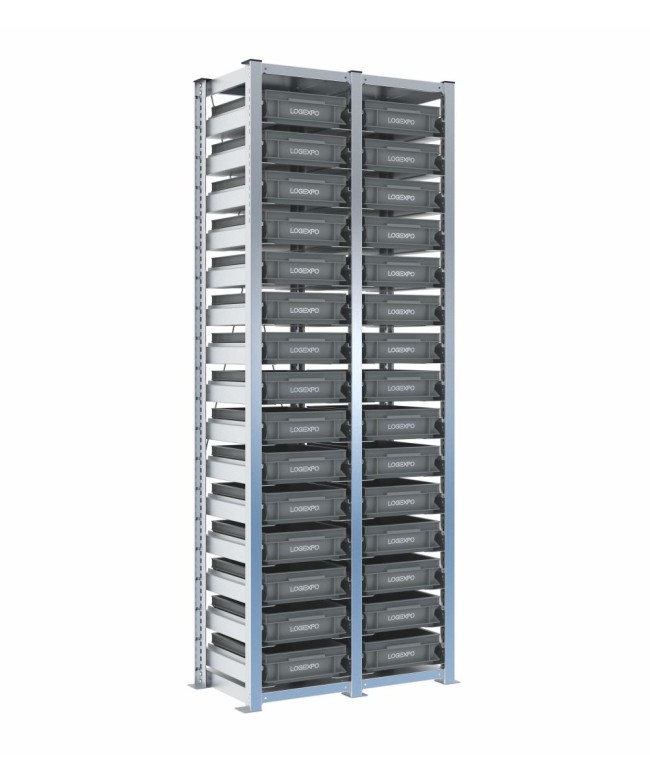 Scaffale H2000 a 2 campate con 30 contenitori Euro 400x300x100h, vista prospettica