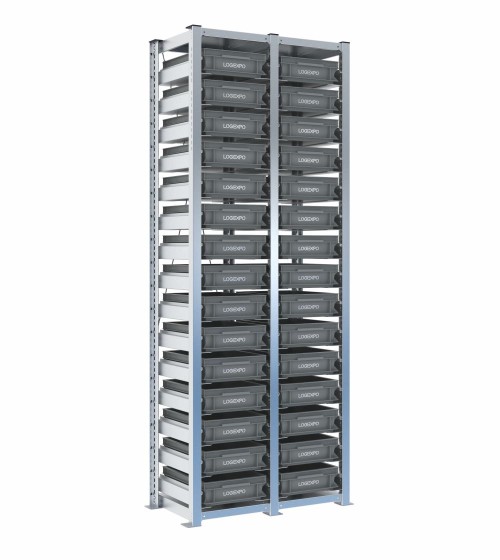 Scaffale H2000 a 2 campate con 30 contenitori Euro 400x300x100h, vista prospettica