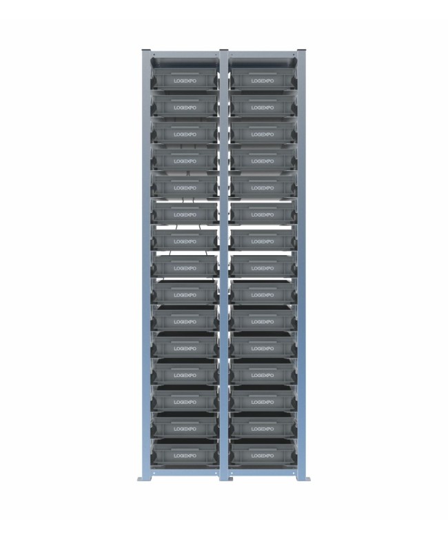 Scaffale H2000 a 2 campate con 30 contenitori Euro 400x300x100h, vista frontale