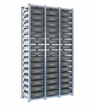 Scaffale H2000 a 3 campate con 45 contenitori Euro 400x300x100h, vista prospettica