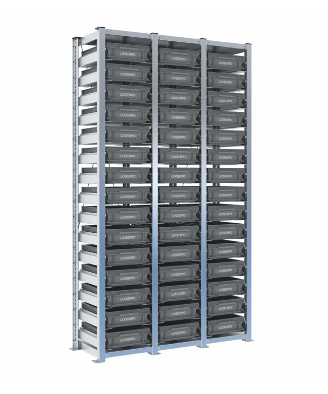 Scaffale H2000 a 3 campate con 45 contenitori Euro 400x300x100h, vista prospettica