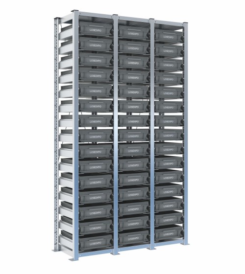 Scaffale H2000 a 3 campate con 45 contenitori Euro 400x300x100h, vista prospettica