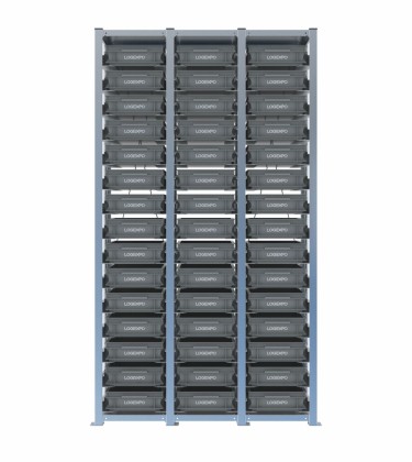 Scaffale H2000 a 3 campate con 45 contenitori Euro 400x300x100h, vista prospettica 2