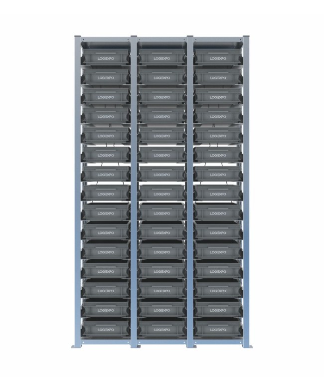 Scaffale H2000 a 3 campate con 45 contenitori Euro 400x300x100h, vista frontale