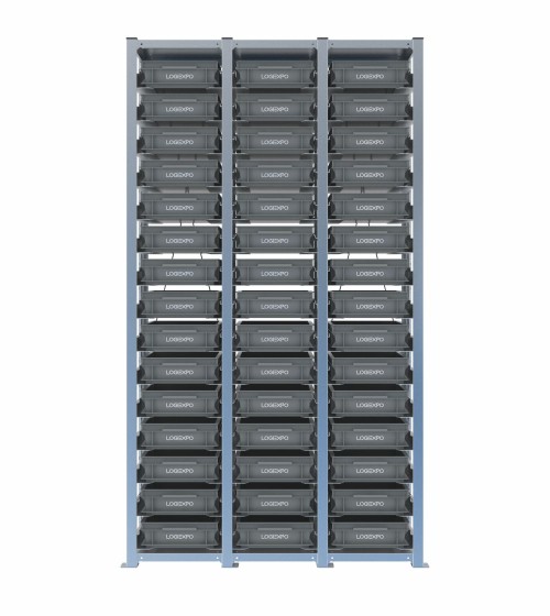Scaffale H2000 a 3 campate con 45 contenitori Euro 400x300x100h, vista frontale