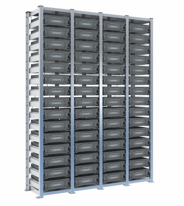 Scaffale H2000 a 4 campate con 60 contenitori Euro 400x300x100h, vista prospettica