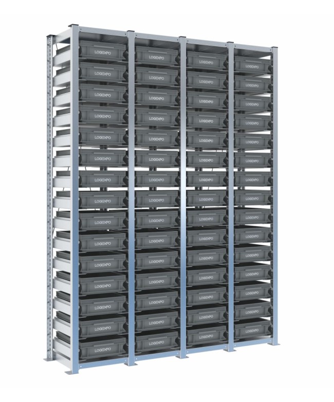 Scaffale H2000 a 4 campate con 60 contenitori Euro 400x300x100h, vista prospettica