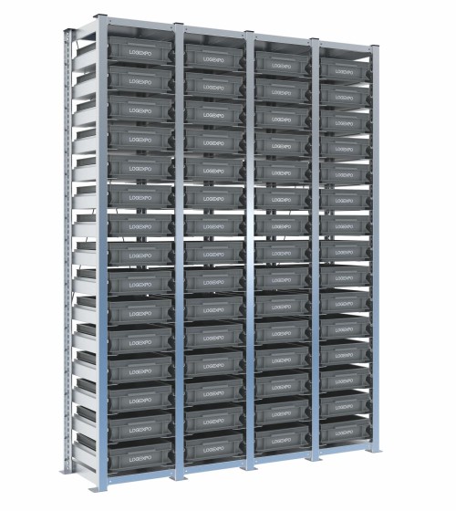 Scaffale H2000 a 4 campate con 60 contenitori Euro 400x300x100h, vista prospettica