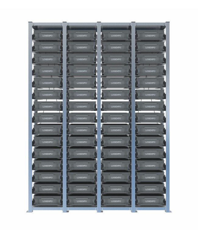 Scaffale H2000 a 4 campate con 60 contenitori Euro 400x300x100h, vista frontale