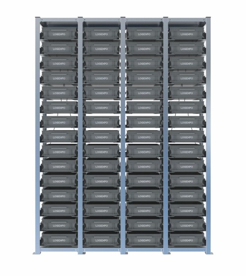 Scaffale H2000 a 4 campate con 60 contenitori Euro 400x300x100h, vista frontale