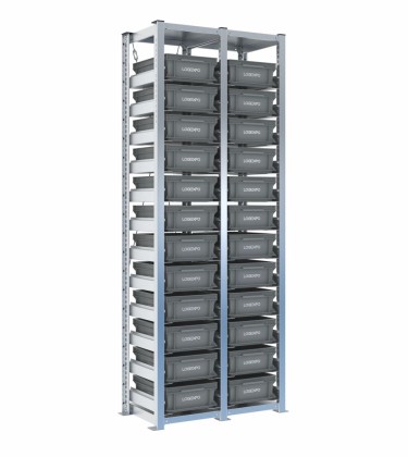 Scaffale H2000 a 2 campate con 24 contenitori Euro 400x300x130h, vista prospettica