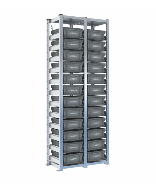 Scaffale H2000 a 2 campate con 24 contenitori Euro 400x300x130h, vista prospettica