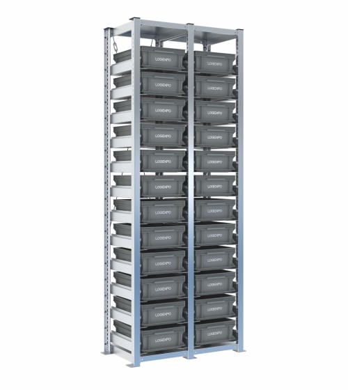 Scaffale H2000 a 2 campate con 24 contenitori Euro 400x300x130h, vista prospettica