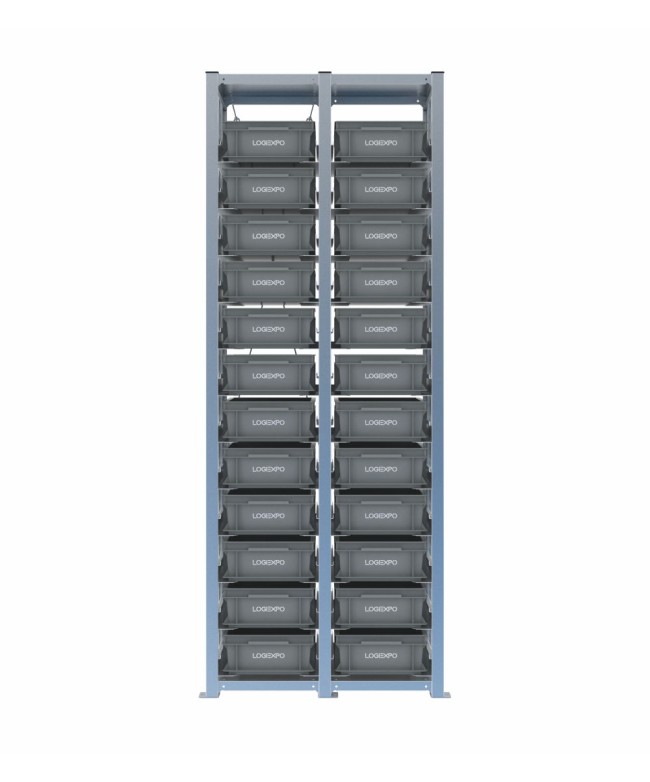 Scaffale H2000 a 2 campate con 24 contenitori Euro 400x300x130h, vista frontale