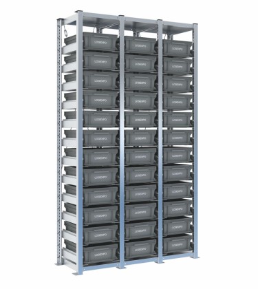 Scaffale H2000 a 3 campate con 36 contenitori Euro 400x300x130h, vista prospettica