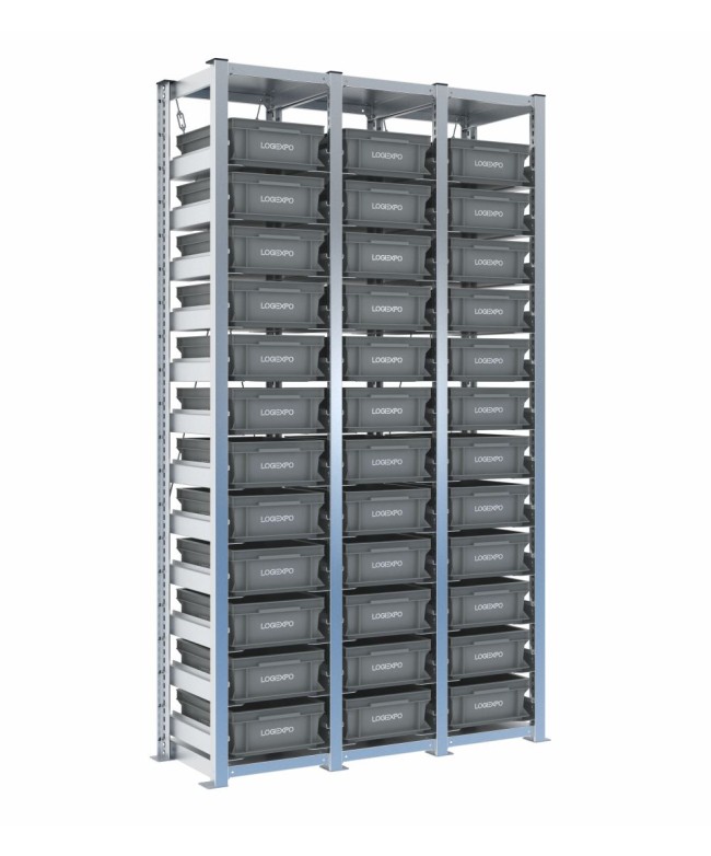 Scaffale H2000 a 3 campate con 36 contenitori Euro 400x300x130h, vista prospettica