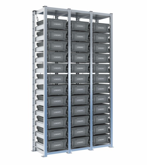 Scaffale H2000 a 3 campate con 36 contenitori Euro 400x300x130h, vista prospettica