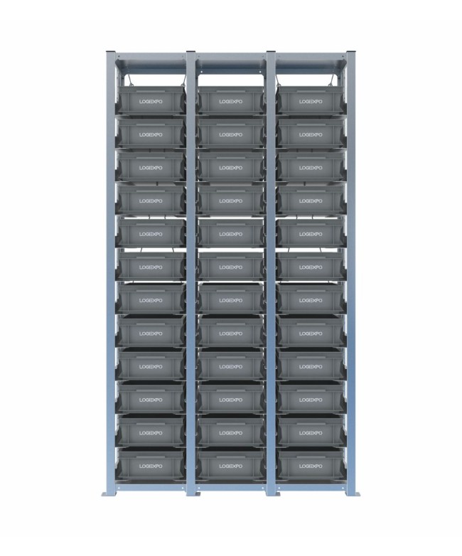 Scaffale H2000 a 3 campate con 36 contenitori Euro 400x300x130h, vista frontale