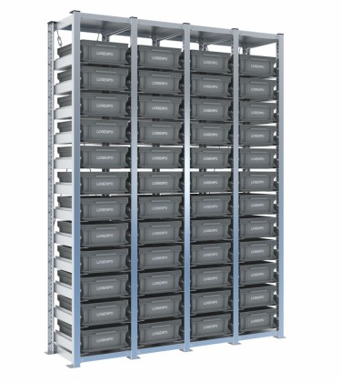 Scaffale H2000 a 4 campate con 48 contenitori Euro 400x300x130h, vista prospettica