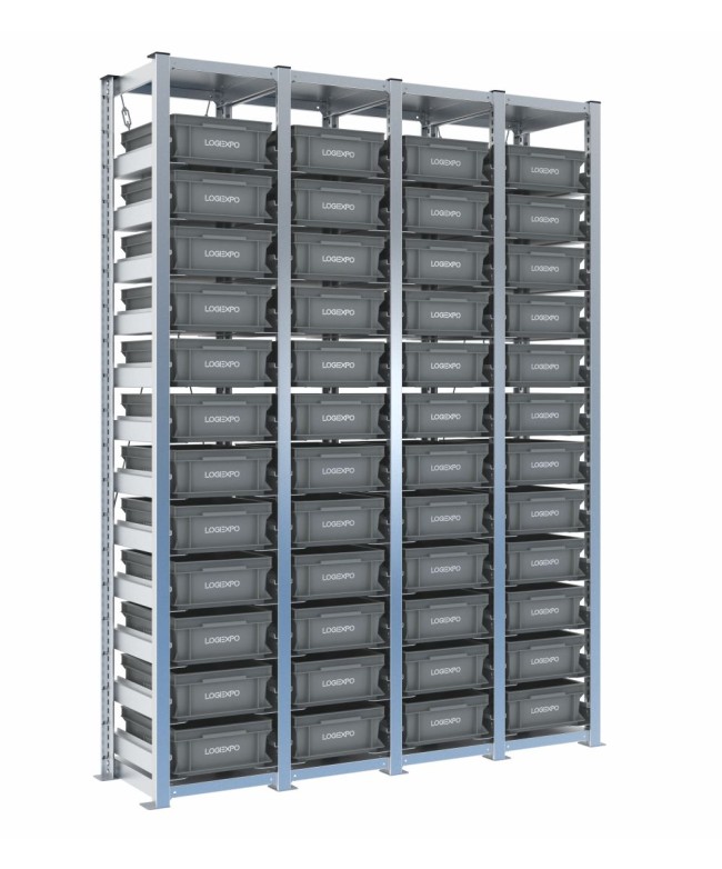 Scaffale H2000 a 4 campate con 48 contenitori Euro 400x300x130h, vista prospettica