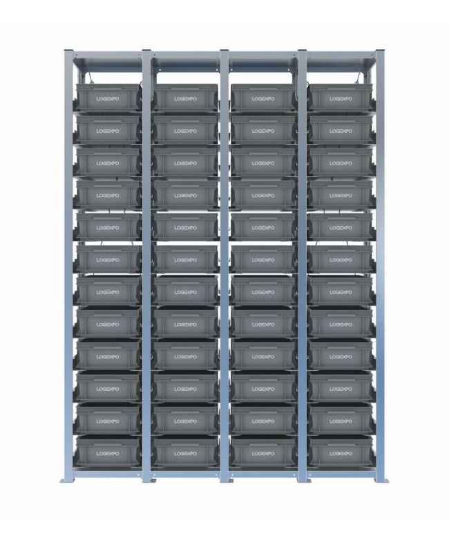Scaffale H2000 a 4 campate con 48 contenitori Euro 400x300x130h, vista frontale