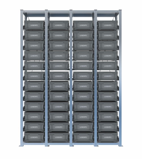 Scaffale H2000 a 4 campate con 48 contenitori Euro 400x300x130h, vista frontale