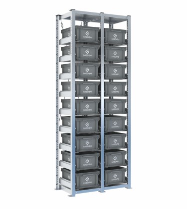 Scaffale H2000 a 2 campate con 18 contenitori Euro 400x300x170h, vista prospettica