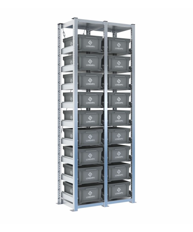 Scaffale H2000 a 2 campate con 18 contenitori Euro 400x300x170h, vista prospettica