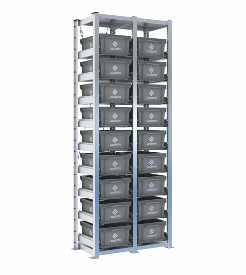 Scaffale H2000 a 2 campate con 18 contenitori Euro 400x300x170h, vista prospettica