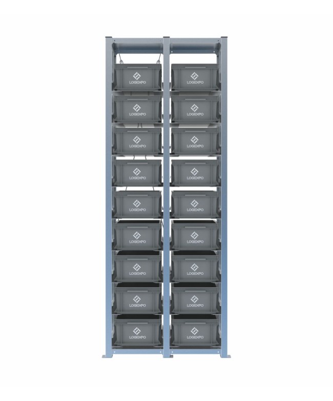 Scaffale H2000 a 2 campate con 18 contenitori Euro 400x300x170h, vista frontale
