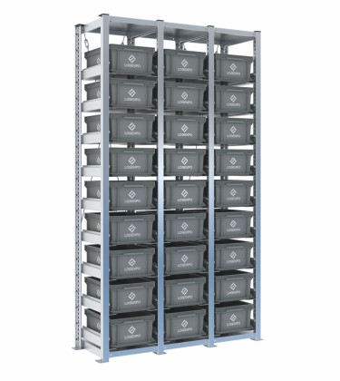 Scaffale H2000 a 3 campate con 27 contenitori Euro 400x300x170h, vista prospettica